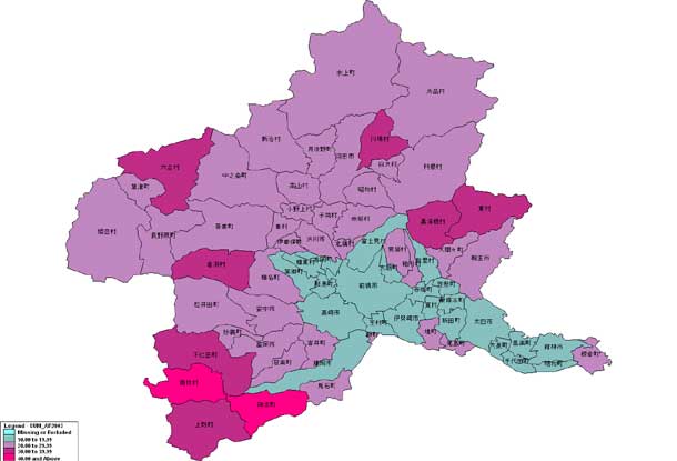 2003年の群馬県市町村別65歳以上人口割合による塗り分け地図