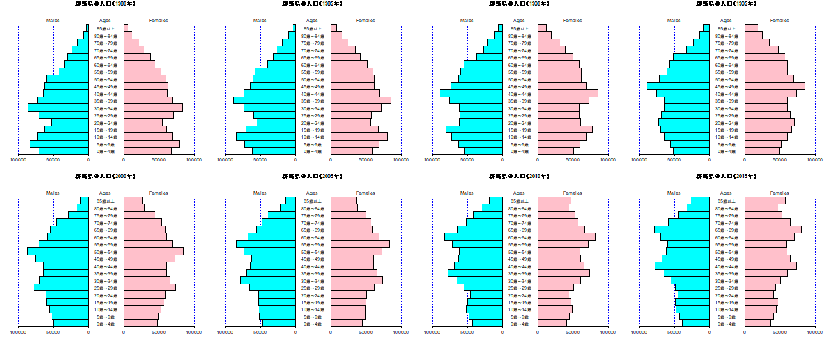 Population pyramids in Gunma, Japan\n from 1980 to 2015.