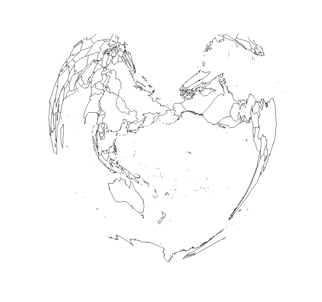 ボンヌ図法でparameter=45、wrap=c(0,360)で太平洋中心に描いた世界地図